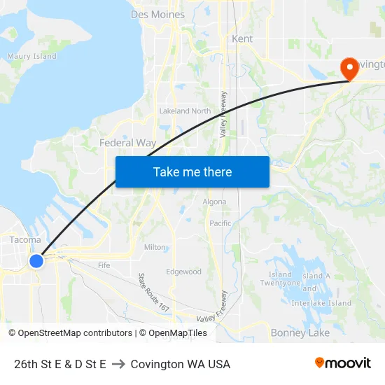 26th St E & D St E to Covington WA USA map