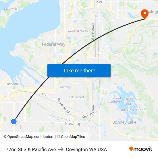 72nd St S & Pacific Ave to Covington WA USA map