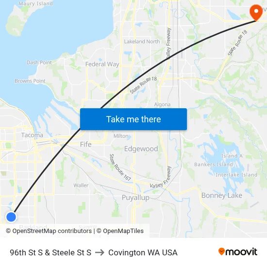 96th St S & Steele St S to Covington WA USA map