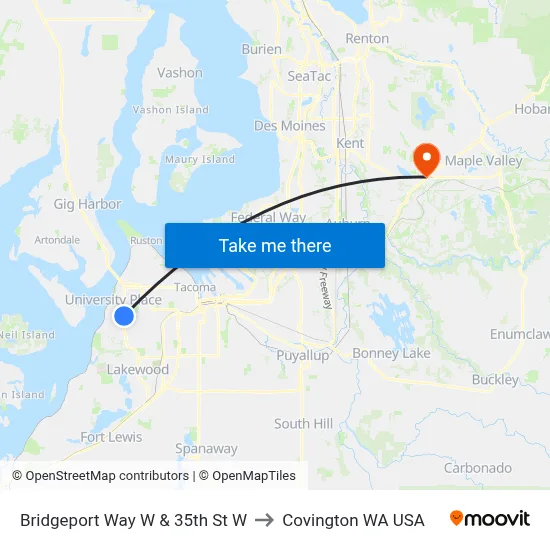 Bridgeport Way W & 35th St W to Covington WA USA map