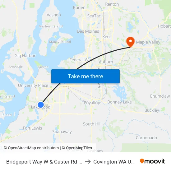Bridgeport Way W & Custer Rd W to Covington WA USA map