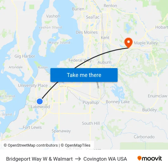 Bridgeport Way W & Walmart to Covington WA USA map