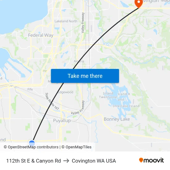 112th St E & Canyon Rd to Covington WA USA map