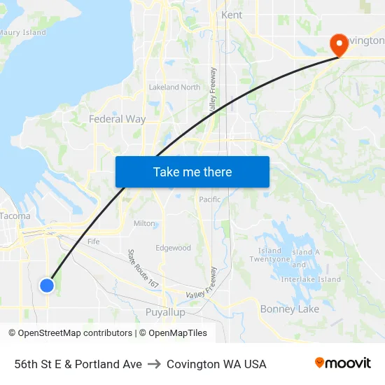 56th St E & Portland Ave to Covington WA USA map