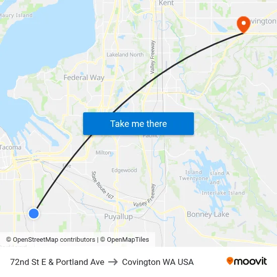72nd St E & Portland Ave to Covington WA USA map