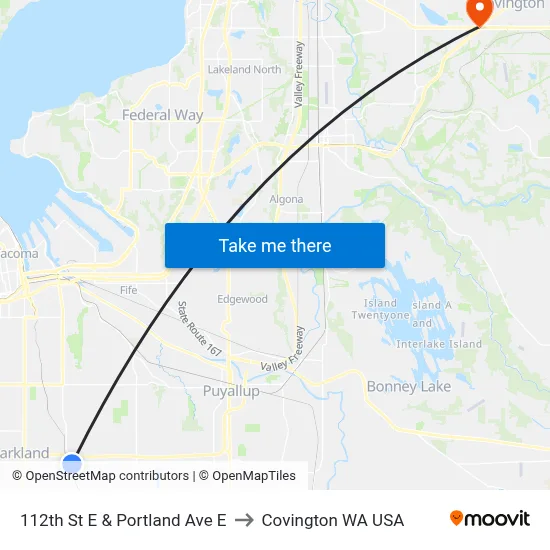 112th St E & Portland Ave E to Covington WA USA map