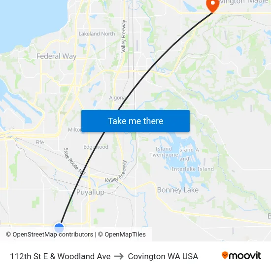112th St E & Woodland Ave to Covington WA USA map