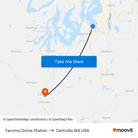 Tacoma Dome Station to Centralia WA USA map