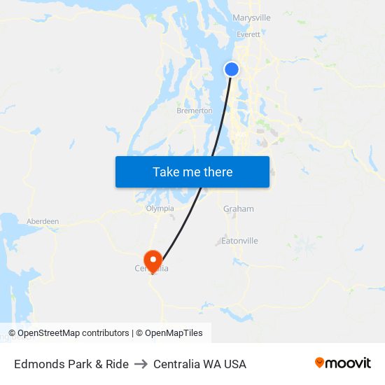 Edmonds Park & Ride to Centralia WA USA map