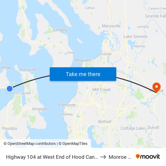 Highway 104 at West End of Hood Canal Bridge (Parking Lot) to Monroe WA USA map