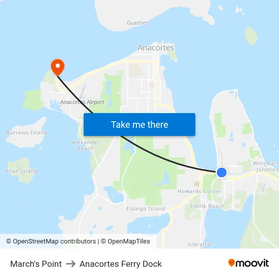 March's Point to Anacortes Ferry Dock map