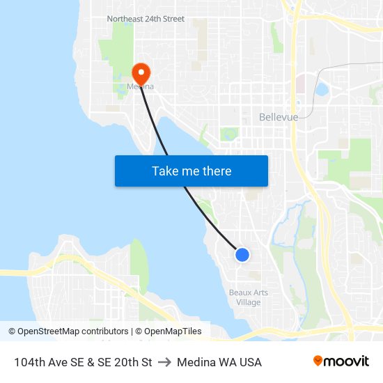 104th Ave SE & SE 20th St to Medina WA USA map