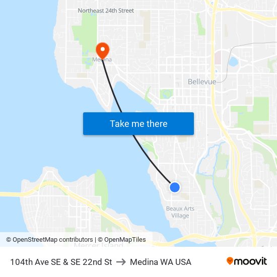 104th Ave SE & SE 22nd St to Medina WA USA map