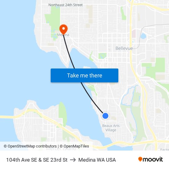 104th Ave SE & SE 23rd St to Medina WA USA map