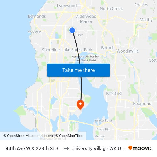 44th Ave W & 228th St SW to University Village WA USA map