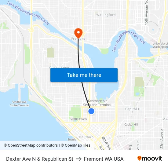 Dexter Ave N & Republican St to Fremont WA USA map