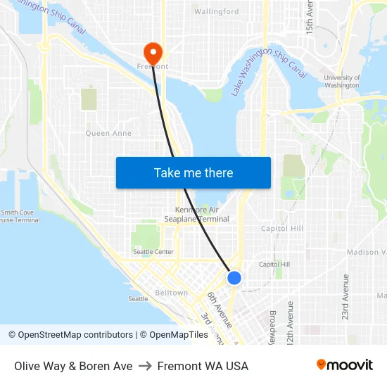 Olive Way & Boren Ave to Fremont WA USA map