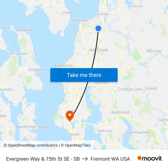 Evergreen Way & 75th St SE - SB to Fremont WA USA map