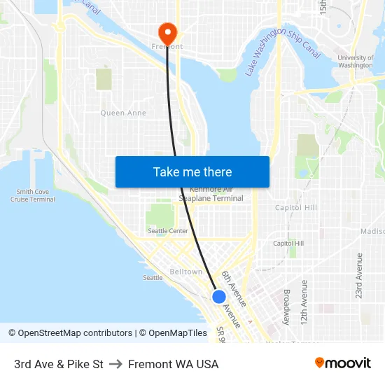 3rd Ave & Pike St to Fremont WA USA map