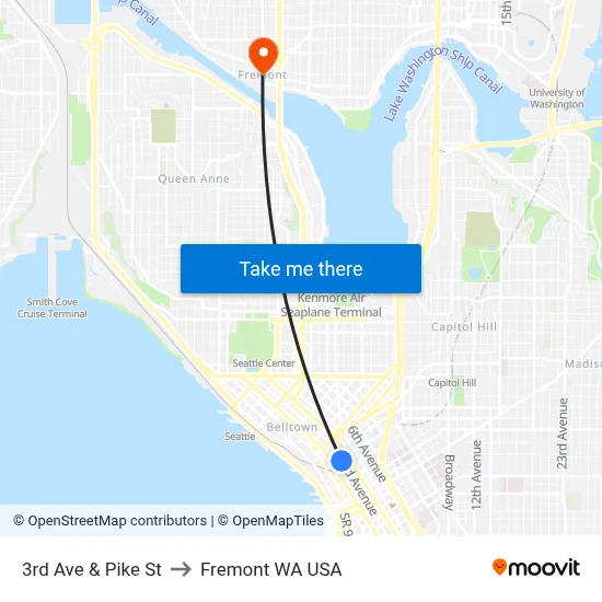 3rd Ave & Pike St to Fremont WA USA map