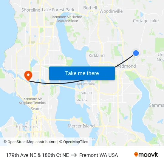 179th Ave NE & 180th Ct NE to Fremont WA USA map