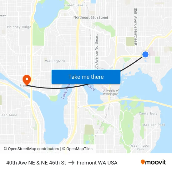 40th Ave NE & NE 46th St to Fremont WA USA map