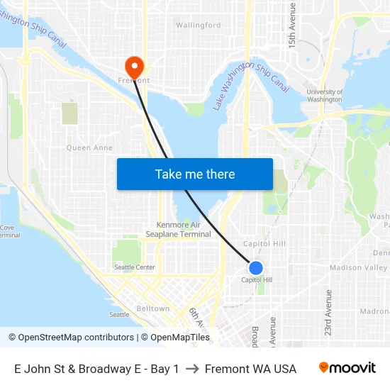 E John St & Broadway E - Bay 1 to Fremont WA USA map