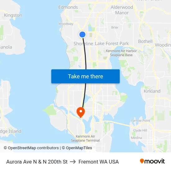 Aurora Ave N & N 200th St to Fremont WA USA map