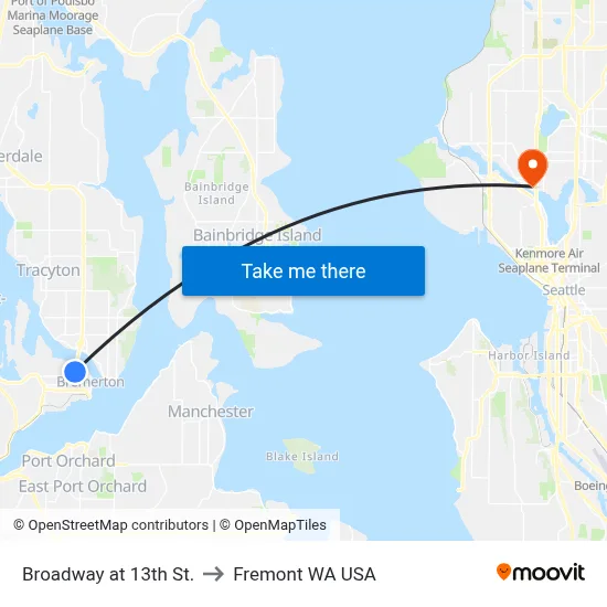 Broadway at 13th St. to Fremont WA USA map