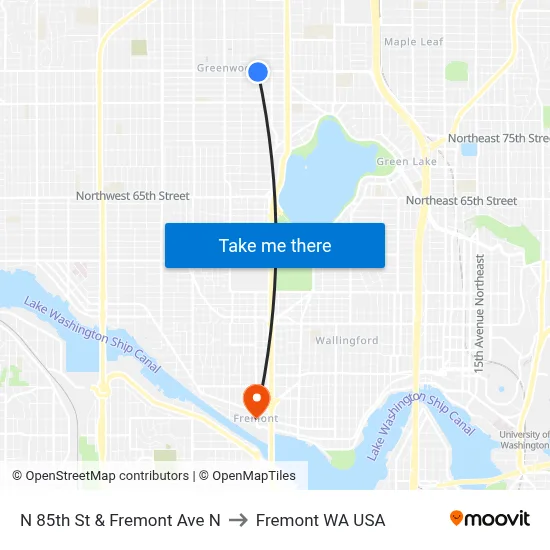 N 85th St & Fremont Ave N to Fremont WA USA map