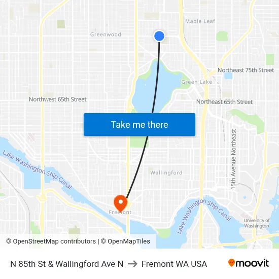 N 85th St & Wallingford Ave N to Fremont WA USA map