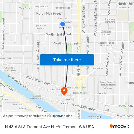 N 43rd St & Fremont Ave N to Fremont WA USA map