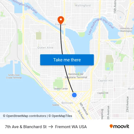 7th Ave & Blanchard St to Fremont WA USA map