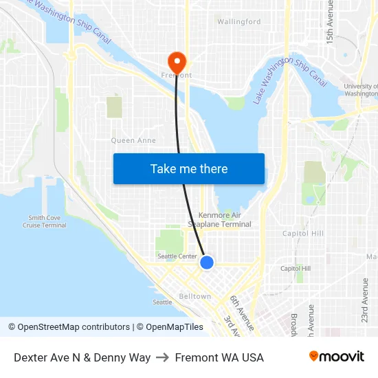 Dexter Ave N & Denny Way to Fremont WA USA map