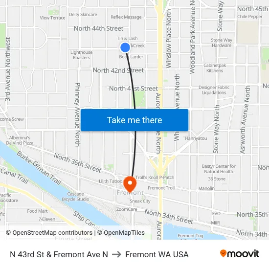 N 43rd St & Fremont Ave N to Fremont WA USA map