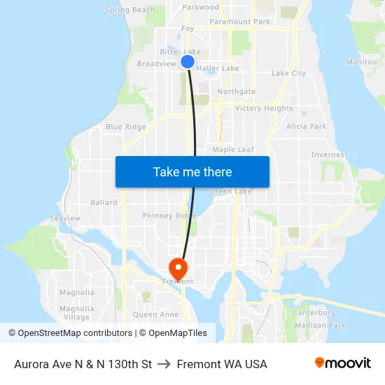 Aurora Ave N & N 130th St to Fremont WA USA map