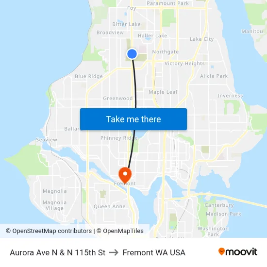 Aurora Ave N & N 115th St to Fremont WA USA map