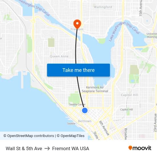 Wall St & 5th Ave to Fremont WA USA map