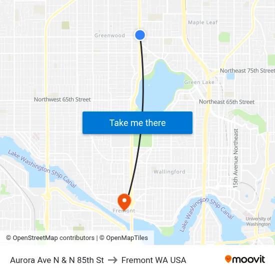 Aurora Ave N & N 85th St to Fremont WA USA map