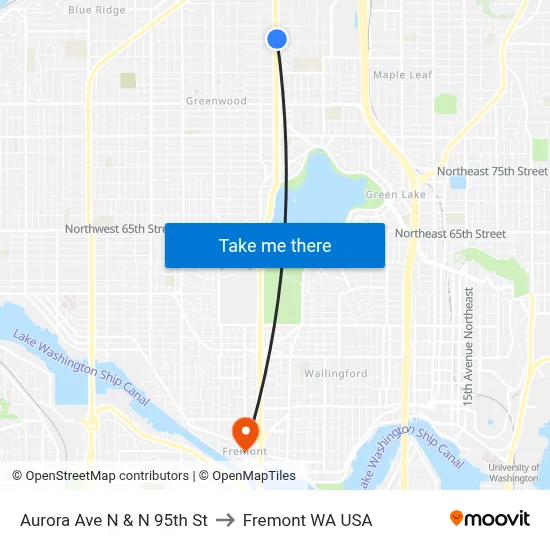 Aurora Ave N & N 95th St to Fremont WA USA map