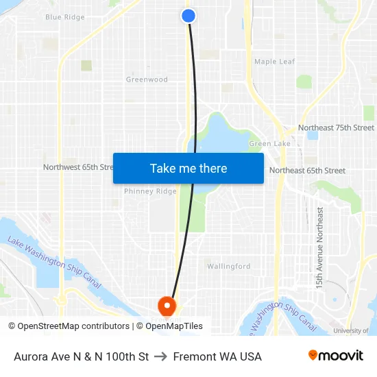 Aurora Ave N & N 100th St to Fremont WA USA map