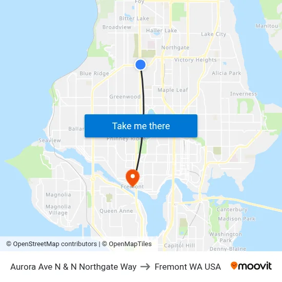 Aurora Ave N & N Northgate Way to Fremont WA USA map