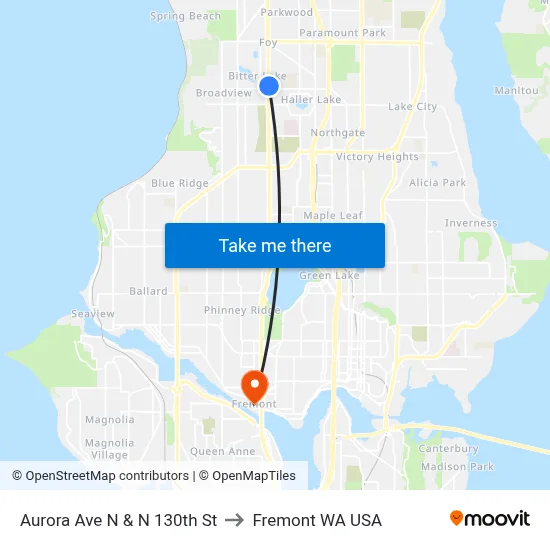 Aurora Ave N & N 130th St to Fremont WA USA map