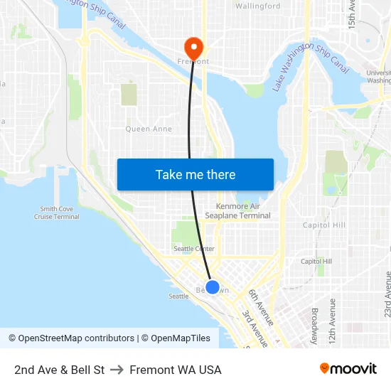 2nd Ave & Bell St to Fremont WA USA map