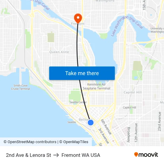 2nd Ave & Lenora St to Fremont WA USA map