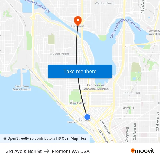 3rd Ave & Bell St to Fremont WA USA map