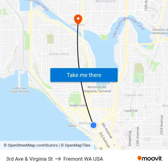 3rd Ave & Virginia St to Fremont WA USA map