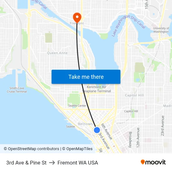 3rd Ave & Pine St to Fremont WA USA map