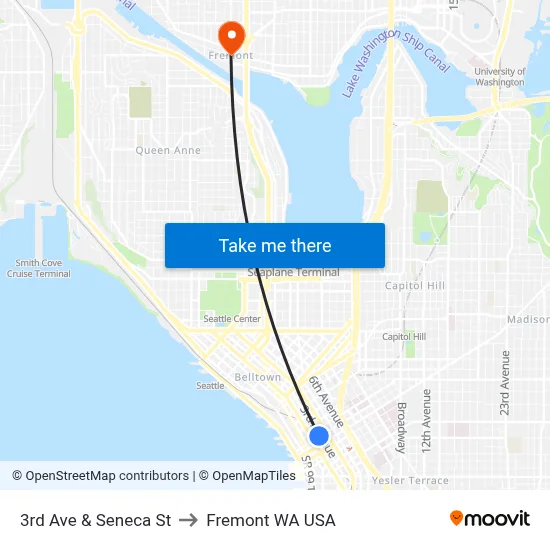 3rd Ave & Seneca St to Fremont WA USA map
