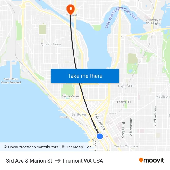 3rd Ave & Marion St to Fremont WA USA map